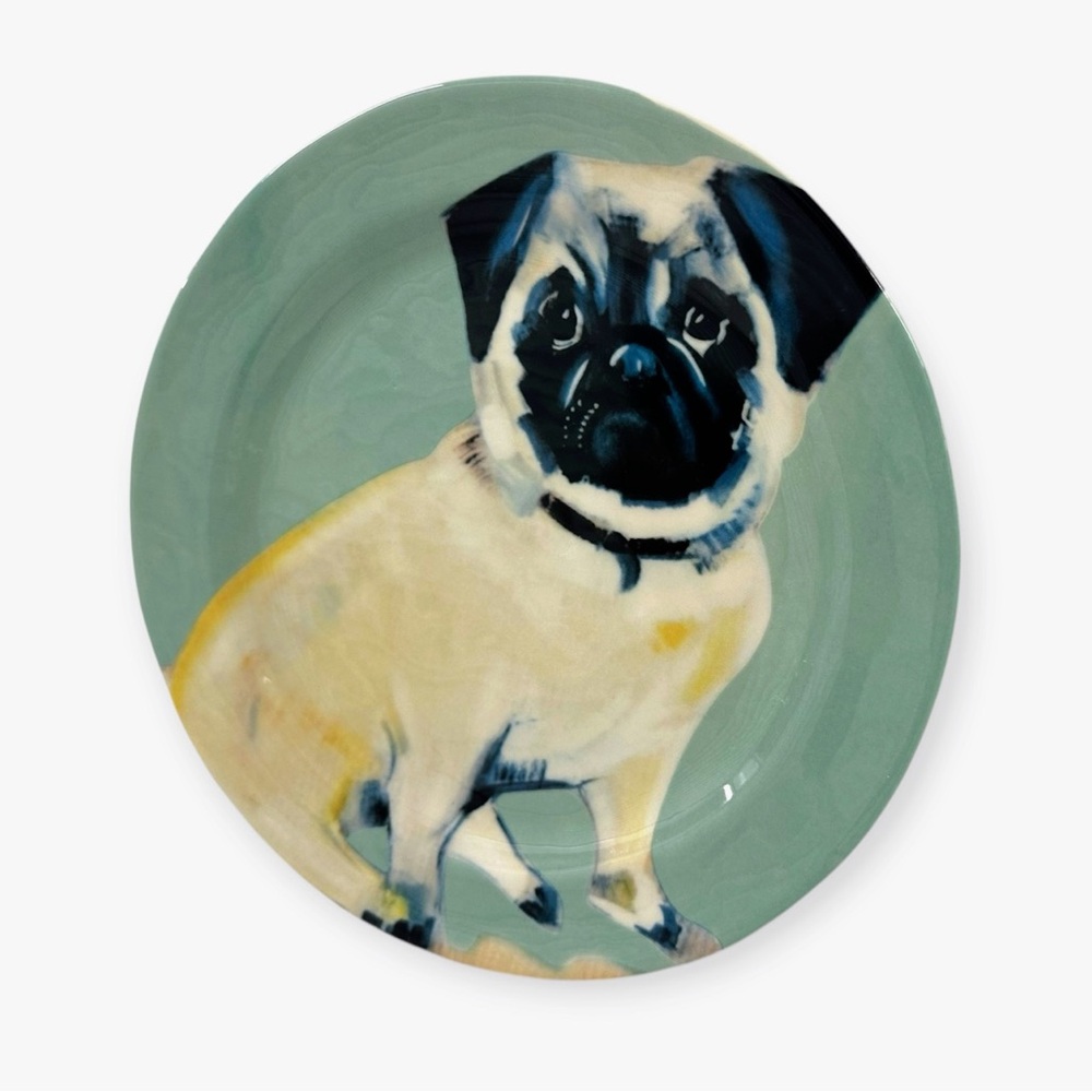 Sally Muir Anthropologie Pug Dog-A-Day Dessert Plate Green England - Picture 2 of 7